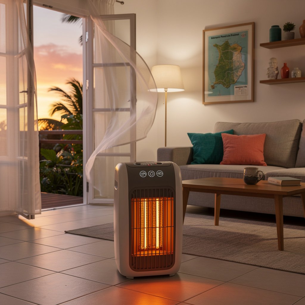 Chauffage portable moderne dans un salon réunionnais